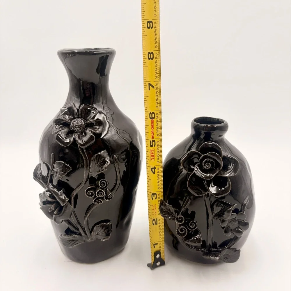 Potters Studio Halloween Black Ceramic Floral Bud Vase Set 2 Piece 3D Rose Decor